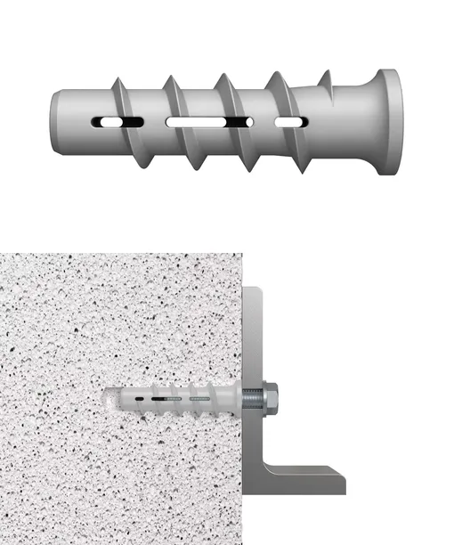 Специализированный дюбель FTP для ячеистых материалов имеет особую резьбу для вкручивания в опору и улучшения сцепления с ней
