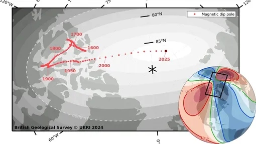 Вот так менялось расположение Северного магнитного полюса Земли с 1590 по 2025 годы