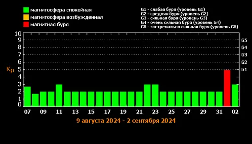 Прогноз магнитных бурь с 7 августа по 2 сентября 2024 года